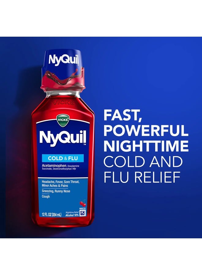 Vicks NyQuil Cherry Cold and Flu Relief Liquid Medicine, Nighttime Relief for Headache, Fever, Sore Throat, Minor Aches and Pains, Sneezing, Runny Nose, and Cough, Cherry Flavored, 12 FL OZ - Image 4